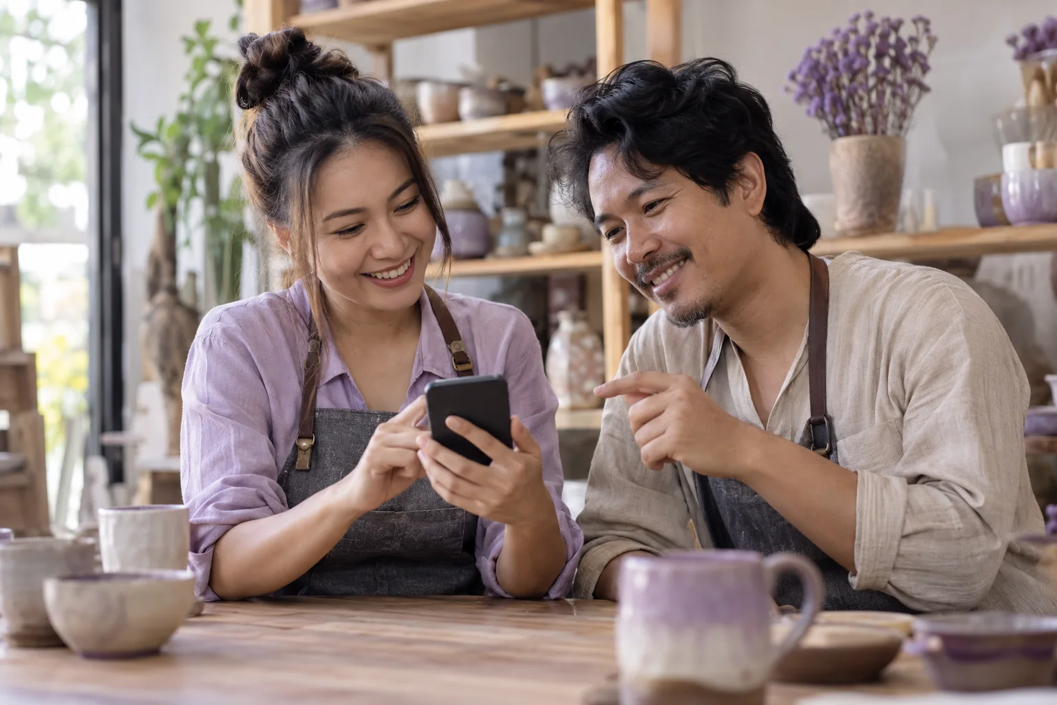 เจ้าของร้านและเพื่อนร่วมงานตรวจเว็บไซต์บนโทรศัพท์มือถือ